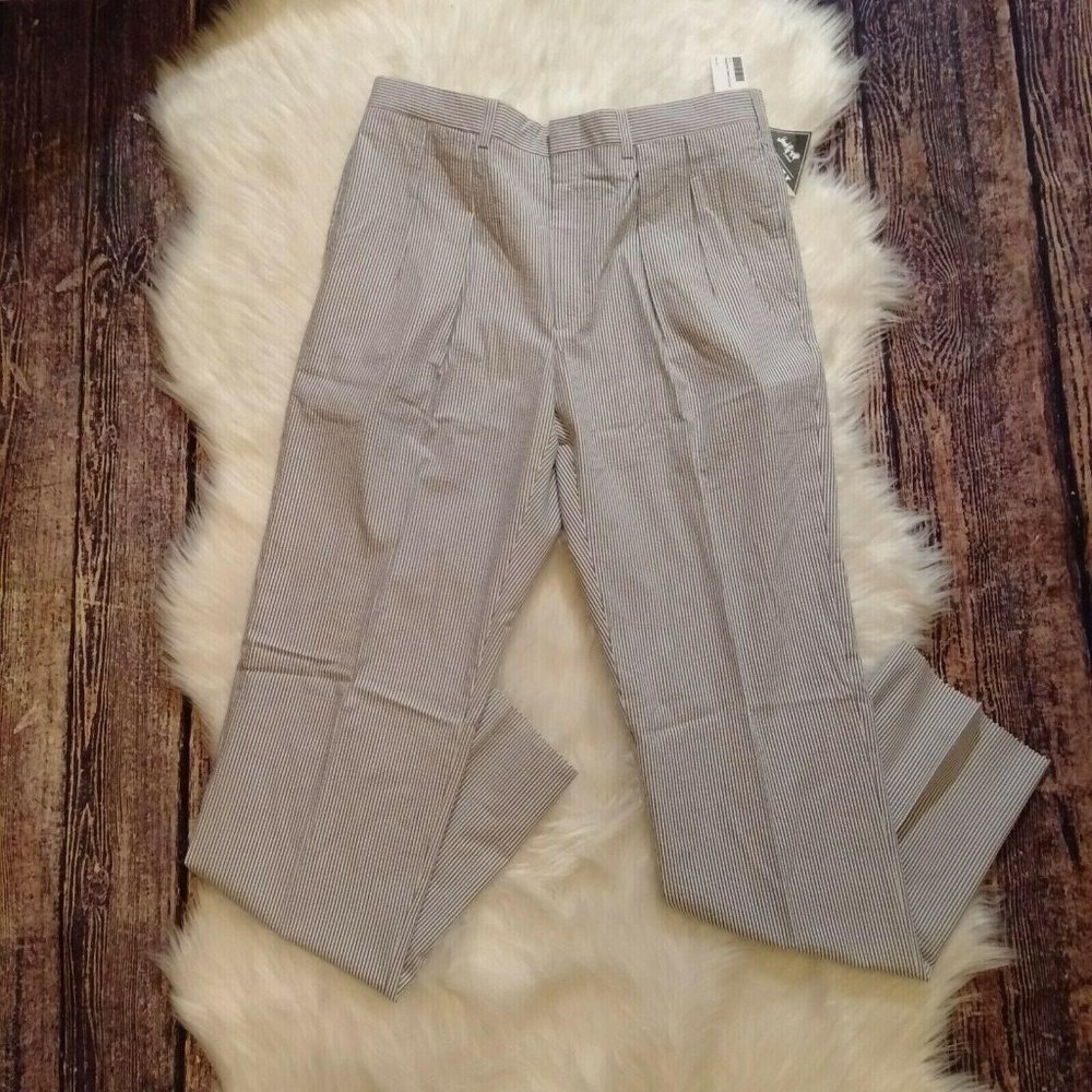 Charleston Khakis Rutledge Pleated Blue White Seersucker Pants Mens 38 R Raw Hem